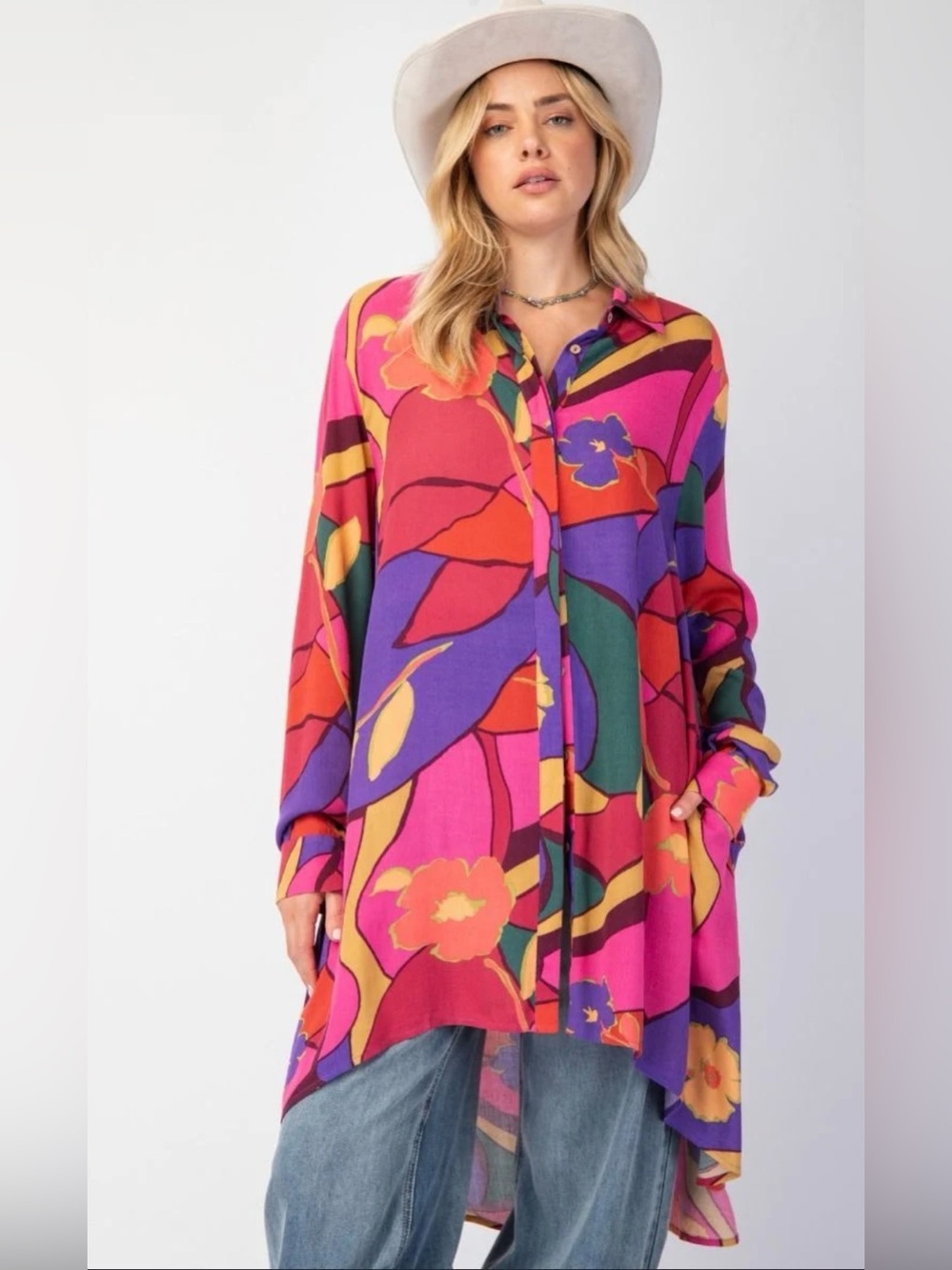 easel Pink Multicolor Floral Asymmetrical Tunic Dress